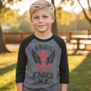 PEEK Iron Eagle Choppers Moto Graphic Tee M 6 7 & XXL 12 Boys Girls Raglan